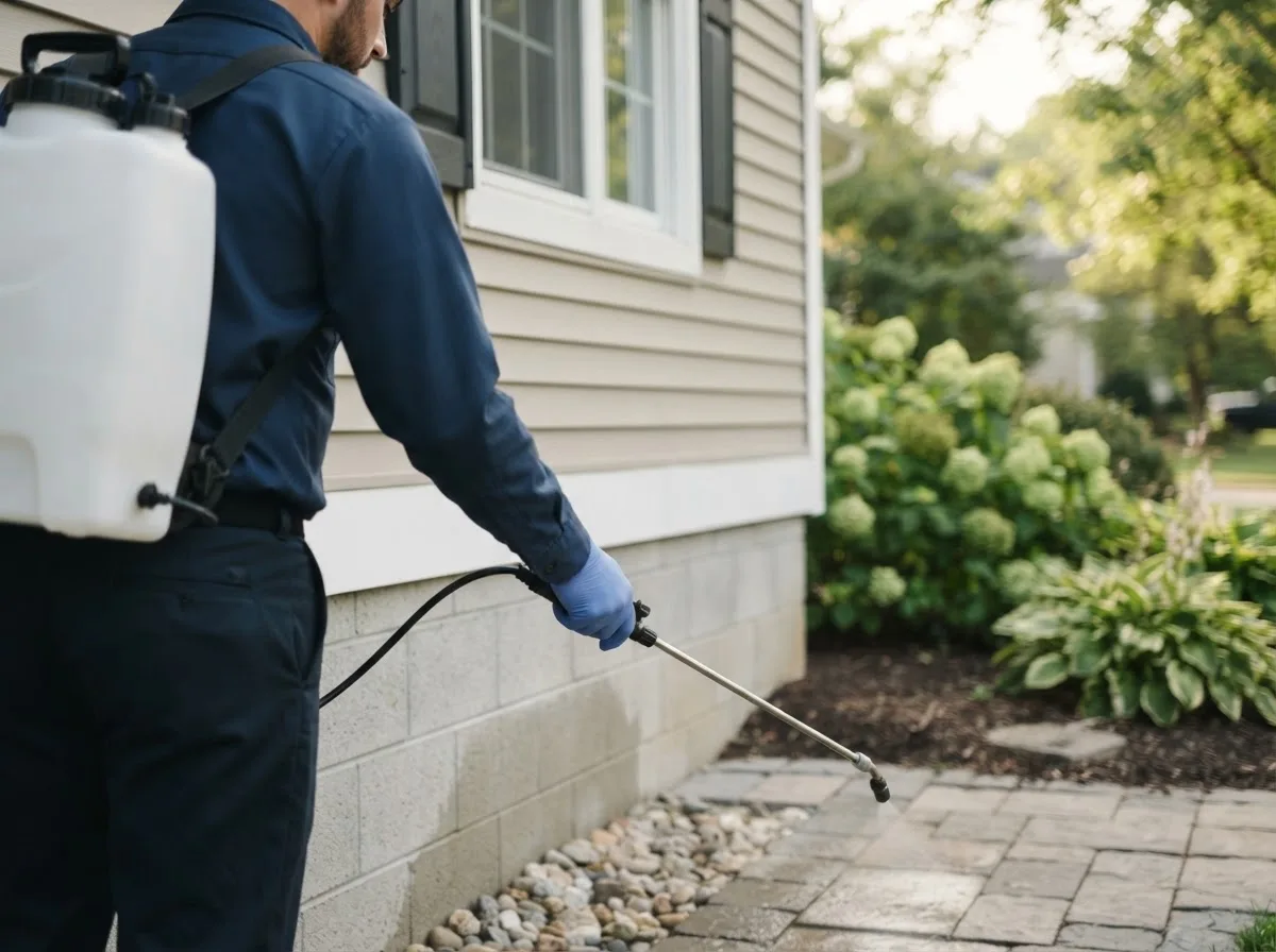 Pest control technician inspecting a home in Woodson, IL